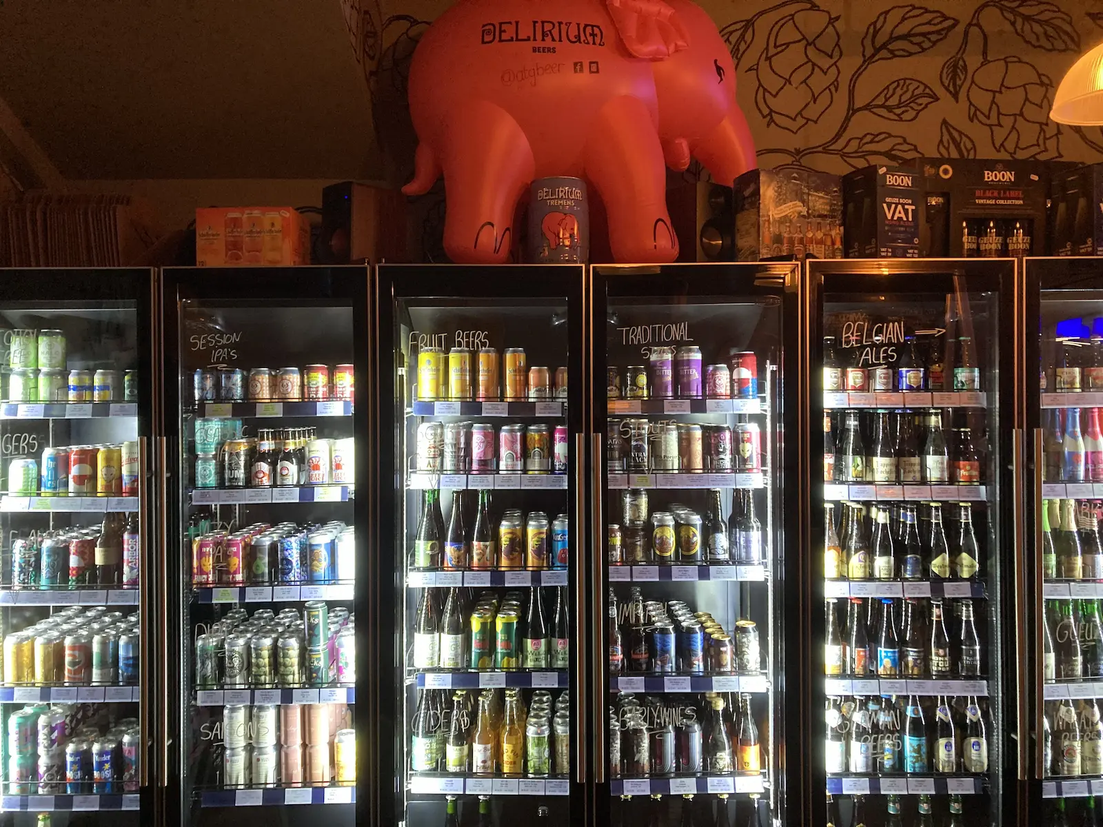 Well-stocked beer fridges displaying our extensive selection of over 150 craft beers from around the world